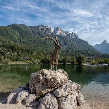 Statue af stenbuk ved bredden af Jasna-søen, Slovenien