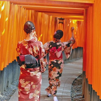 Unge kvinder i kimino besøger Fushimi Inari Shrine, Kyoto i Japan