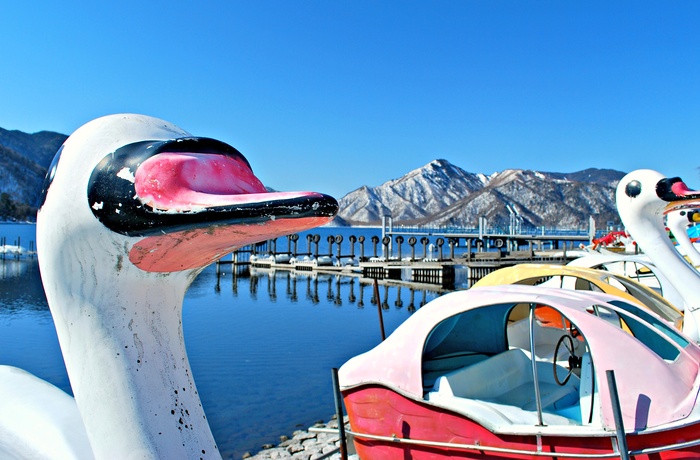 Vandcykler formet som fugle på Lake Chuzenji søen, Japan