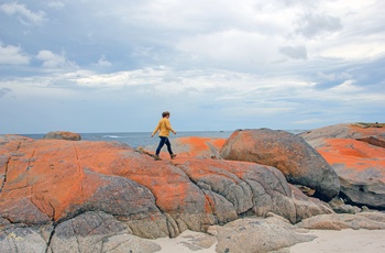 Kvinde på Bay of Fires på Tasmaniens østkyst