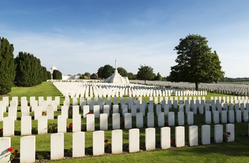 Belgien, Flandern, Tyne Cote War Cemetary - gravstene over faldne britiske soldater på rækker