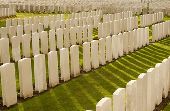 Belgien, Flandern, Tyne Cote War Cemetary - gravstene på række