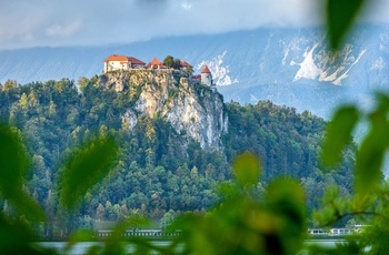 Bled Slot på en skyet dag om sommeren i Slovenien