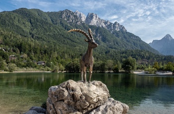 Statue af stenbuk ved bredden af Jasna-søen, Slovenien