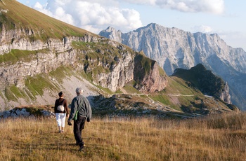 Ældre par vandrer rundt nær Mangart-bjergpasset i de julianske Alper, Slovenien