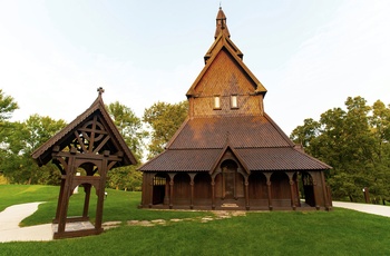 Kopi af stavkirke i Hjemkomstcenteret, Moorhead i Minnesota