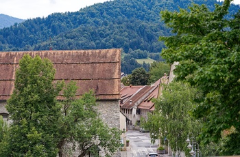 Udsigt mod klassiske tage på gamle huse i Skofja Loka, Slovenien