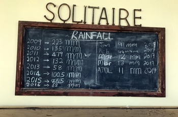 Skilt med regnfald på cafeen/tankstationen i Solitaire, Namibia