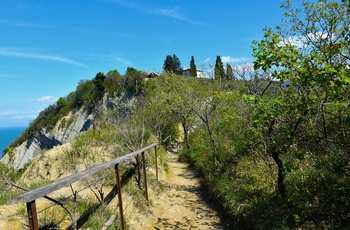 Vandresti med udsigt ud over Adriaterhavet fra Strunjan Naturpark i Slovenien