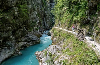 Vandring langs en af bifloderne til Soca-floden i Slovenien